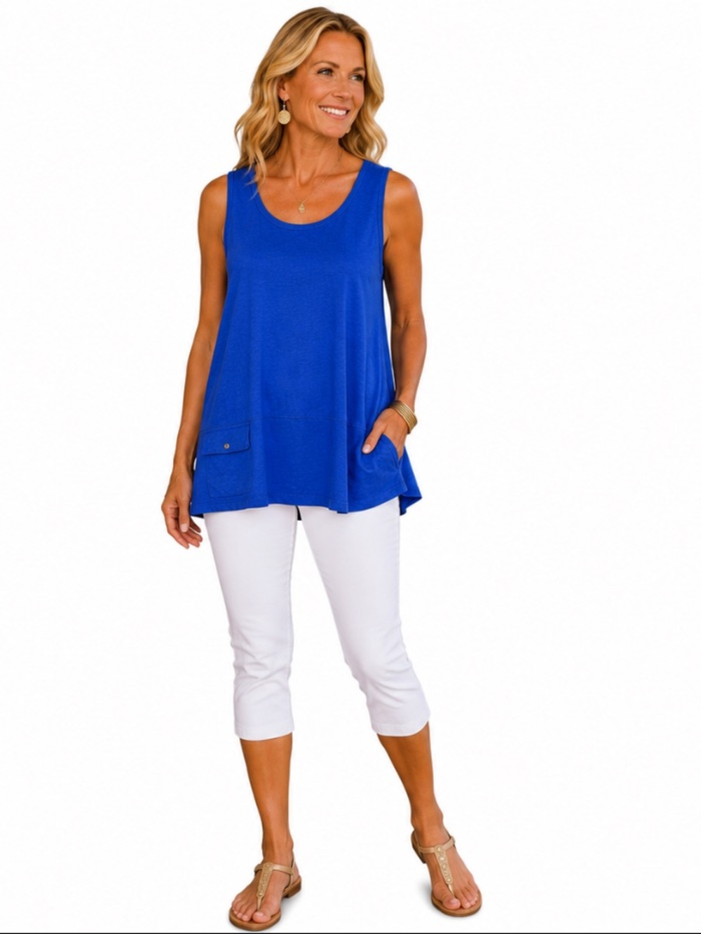 Soft Surroundings Size Large Pocket Tank Dazzling Blue Top Shirt Blouse Like New